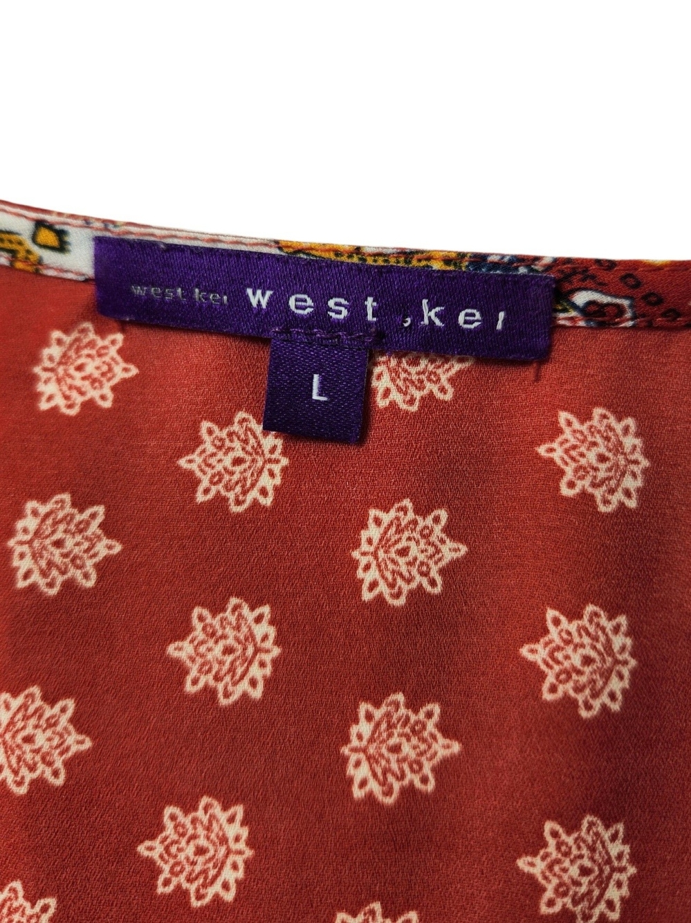 West Kei Women’s L Red Boho Mixed Print Tie Front Blouse 3/4 Sleeve Flowy Fall - Picture 6 of 12